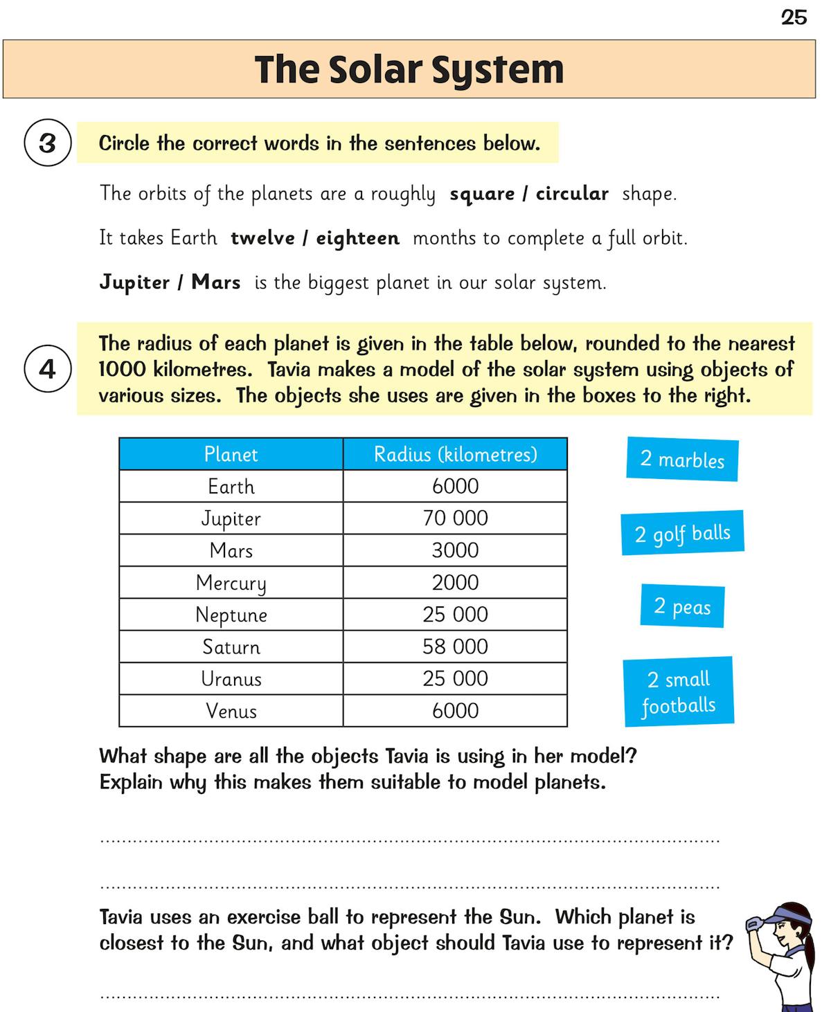Page from the workbook showing questions about the solar system with labelling diagrams and comprehension tasks
