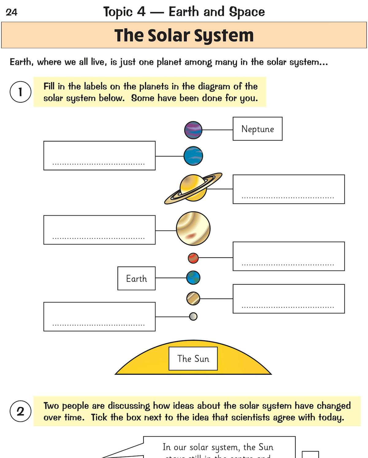 Interior page showing detailed science questions about the solar system including a table and multi-step problem-solving tasks