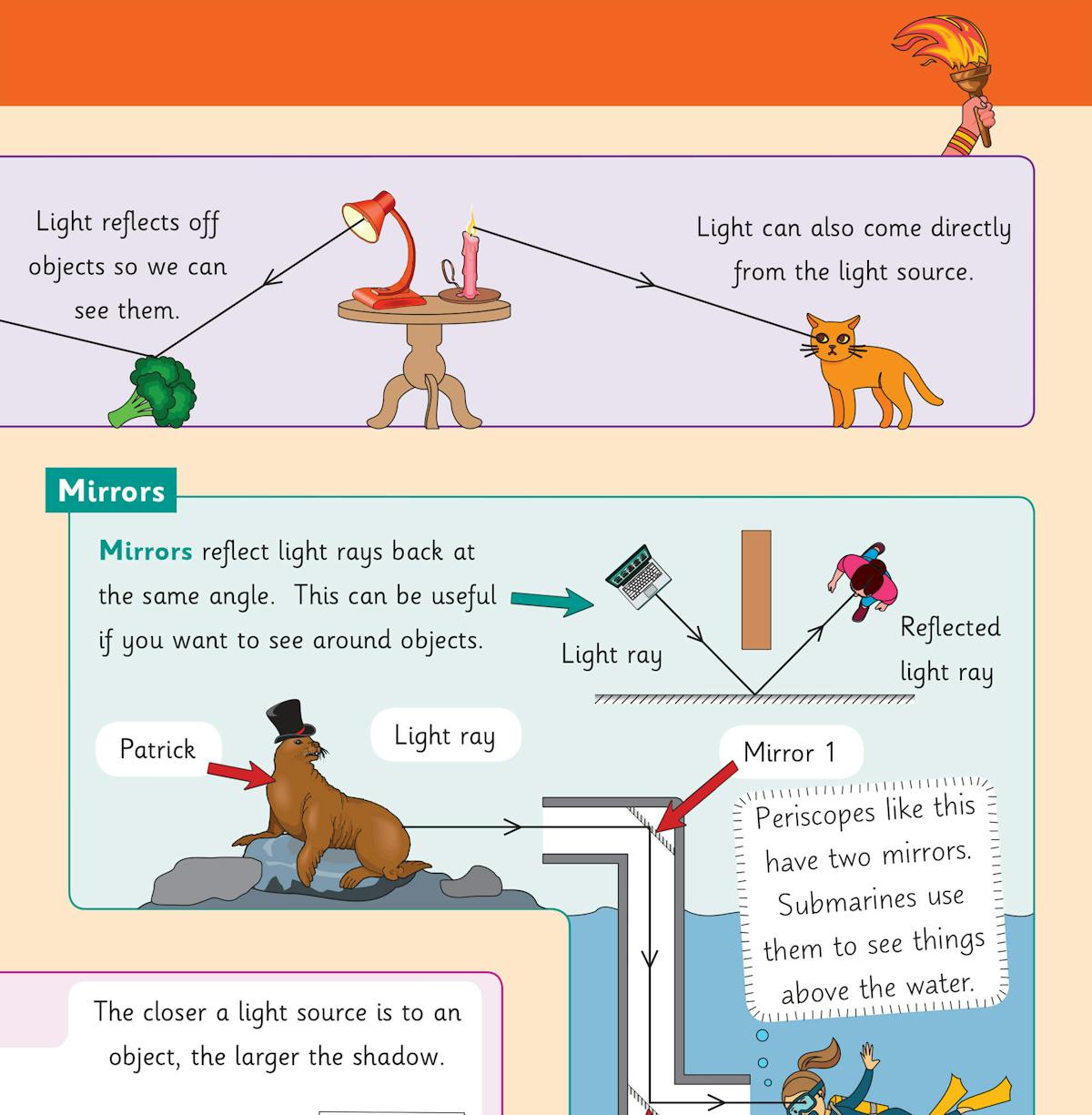 Inside page showing light concepts with diagrams of mirrors, shadows and periscopes