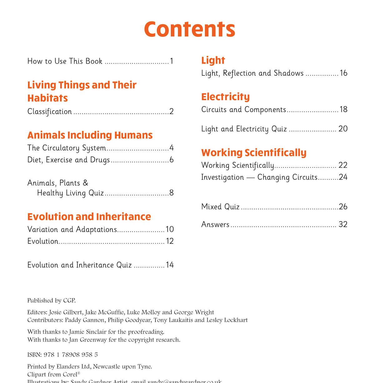 Contents page showing Biology, Chemistry and Physics topics covered in the Knowledge Retriever
