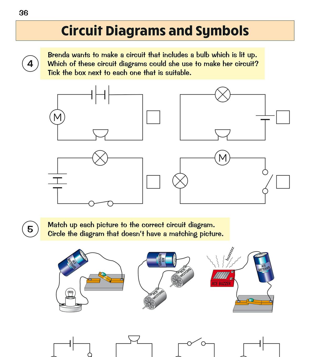 Circuit diagrams and symbols exercises showing real-world application questions