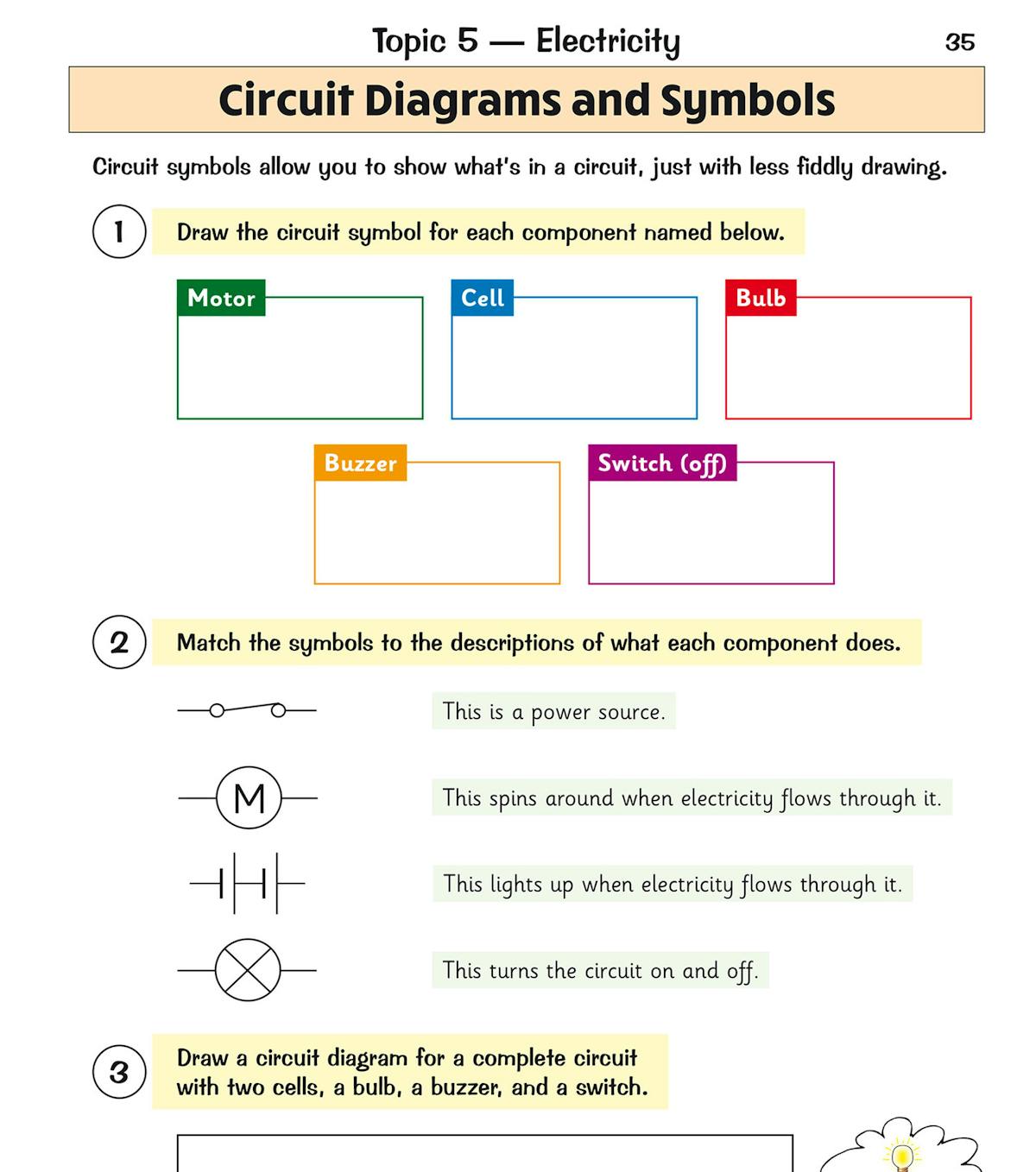 Circuit diagrams and symbols practice page from the KS2 Science Year 6 workbook