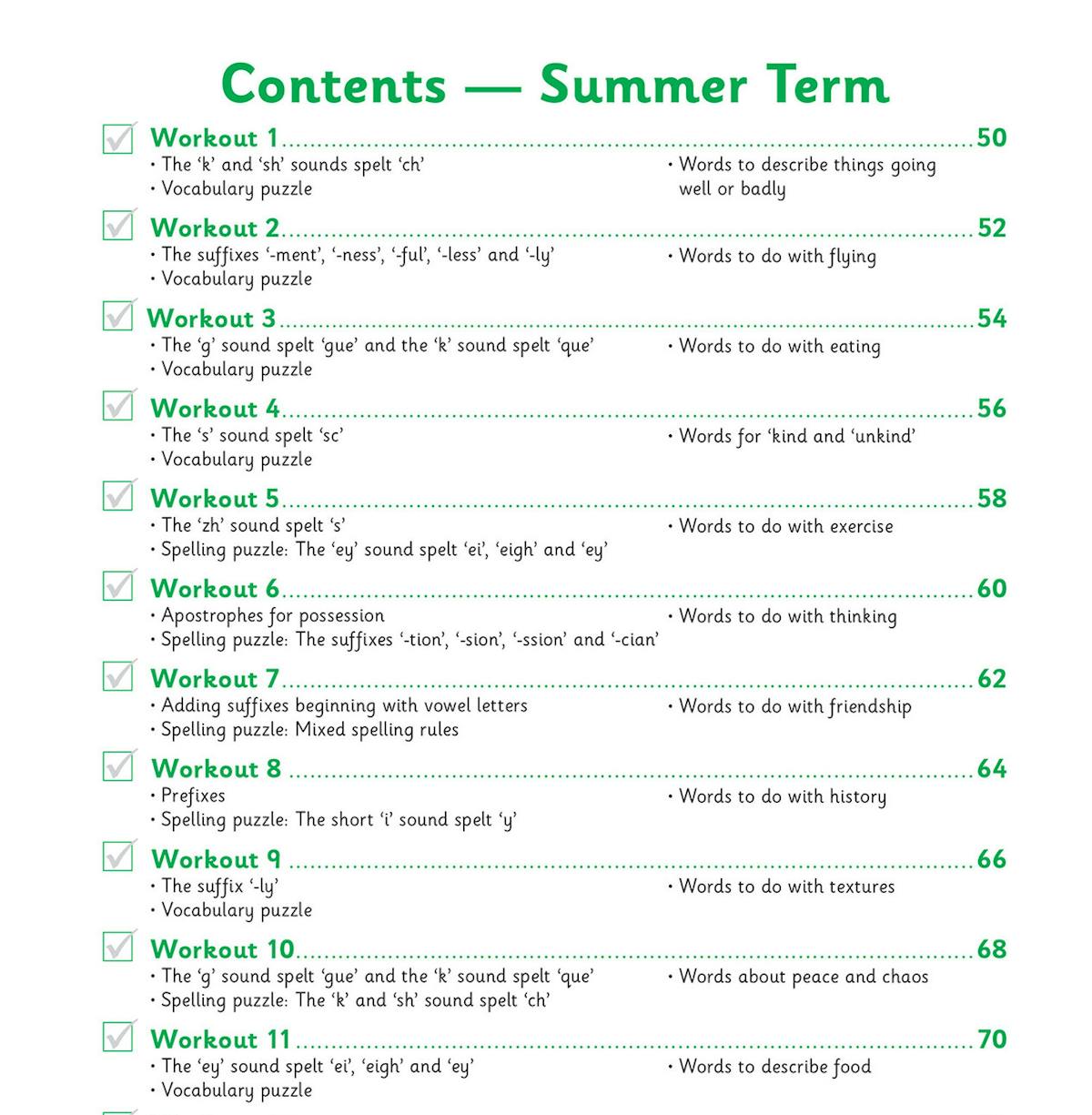 Contents page showing Summer Term workouts with spelling patterns and thematic vocabulary