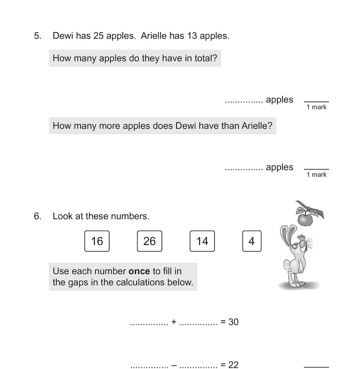 Word problems and visual calculation exercises from the test pages