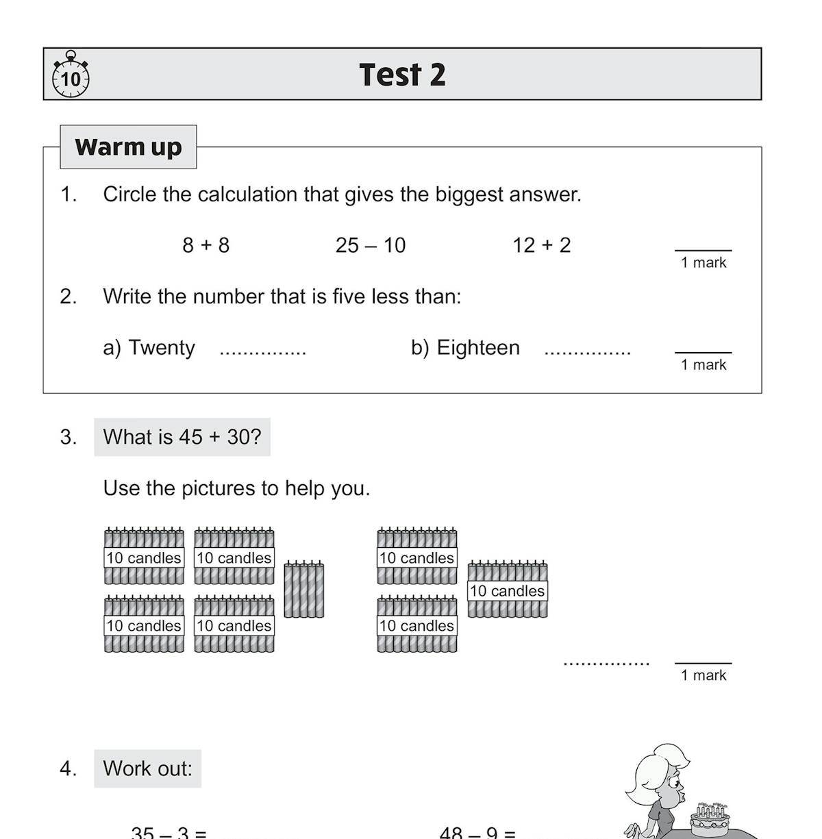 Sample warm-up questions and addition problems from Test 2