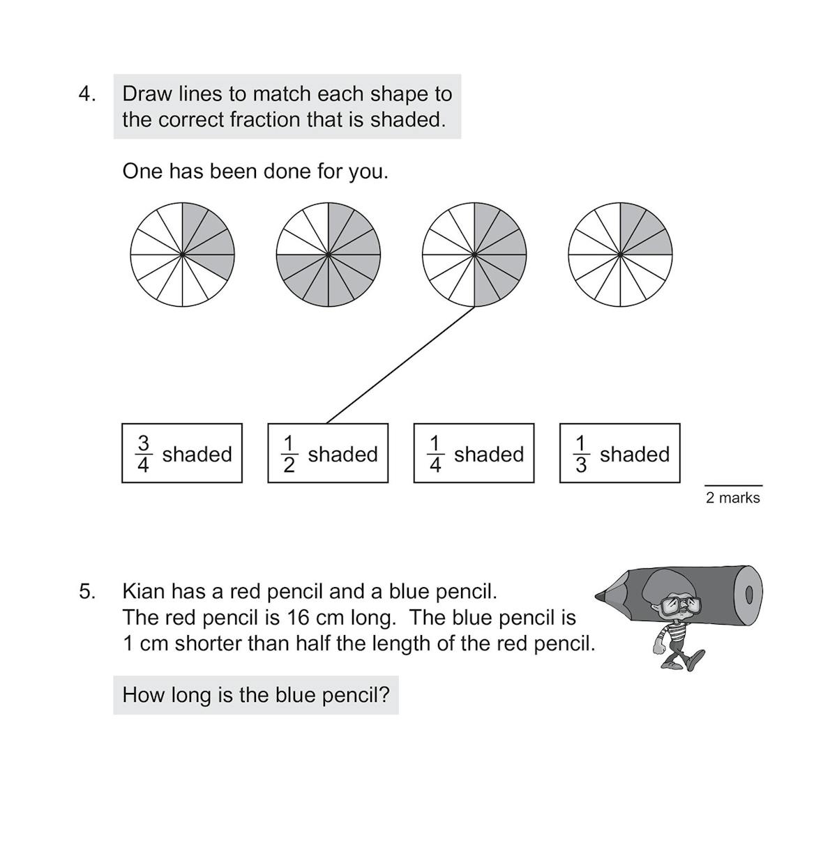 Sample test page showing warm-up questions and fractions problems with matching and word problems