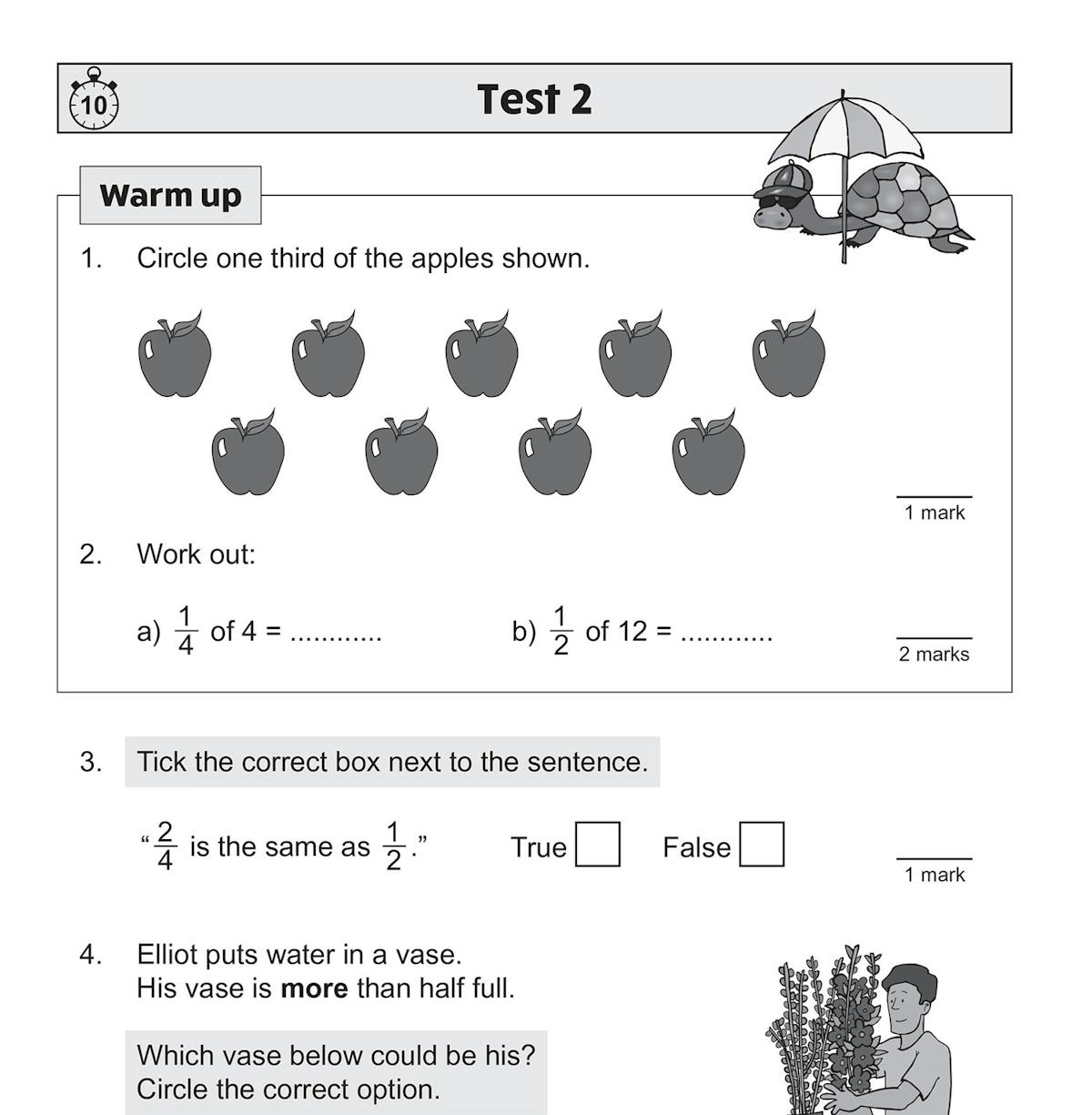 Test page with warm-up section showing fraction of apples question and multiple-choice exercises