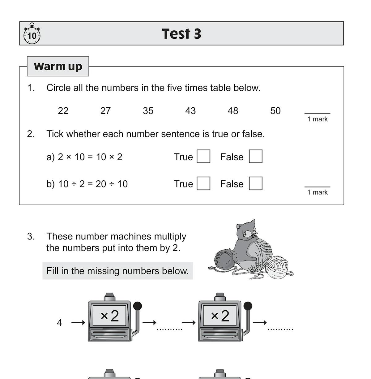 Sample test page showing warm-up questions and multiplication problems