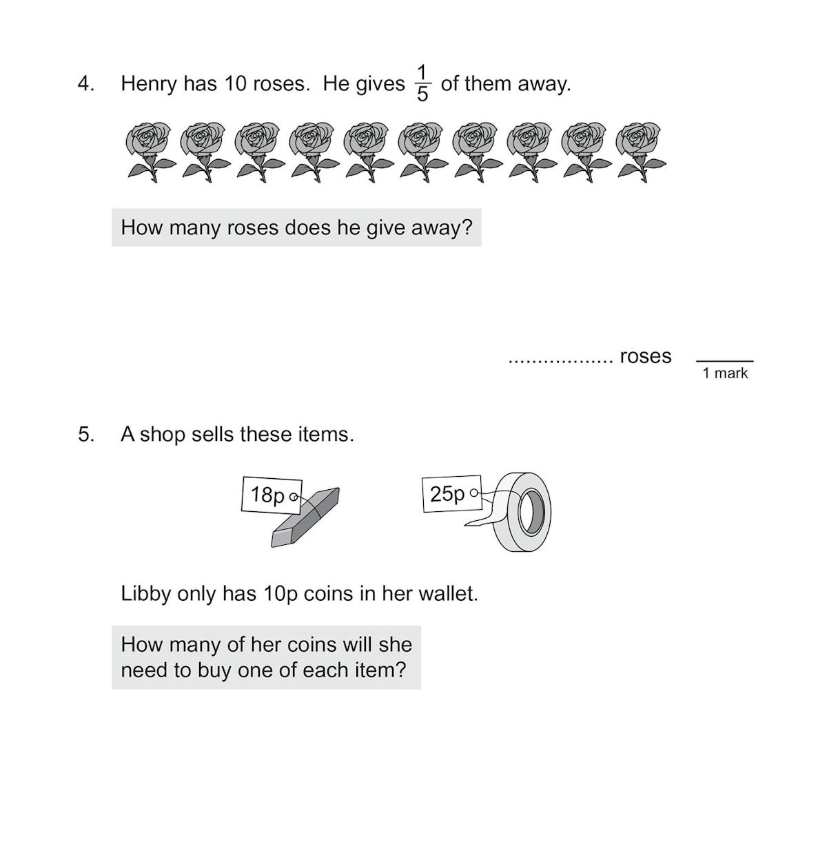 Another test page featuring illustrated maths word problems with space for calculations