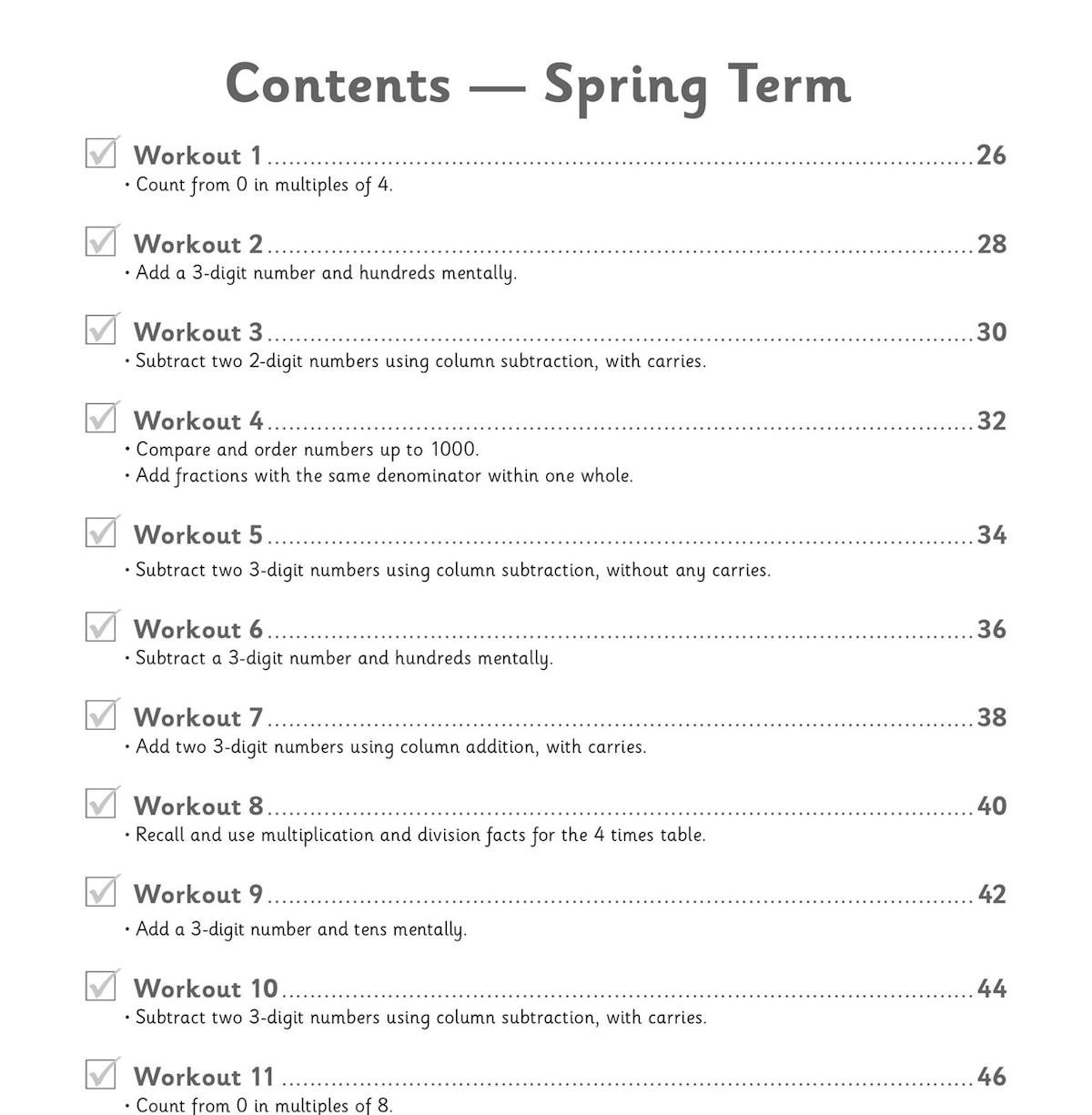 Contents page showing Spring Term workouts with topics like mental addition, subtraction, times tables and fractions
