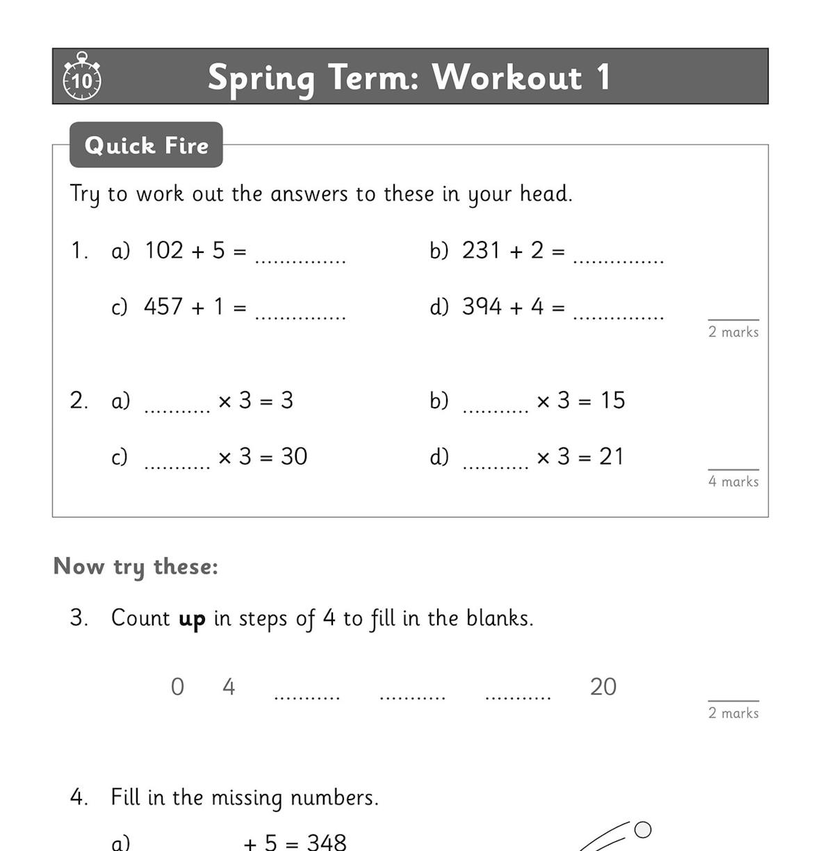 Sample workout page showing Quick Fire mental maths questions and structured arithmetic problems with space for answers