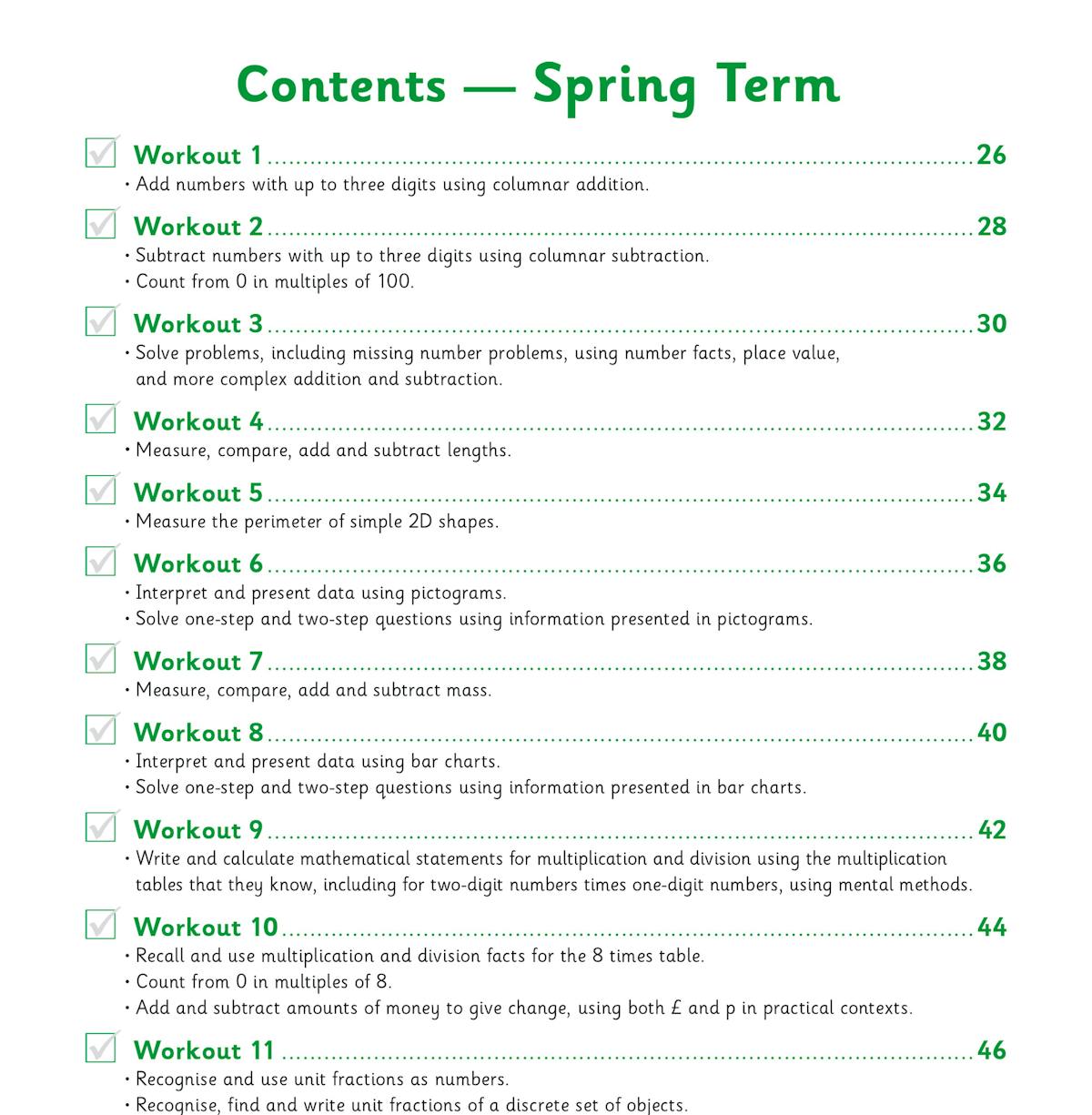 Contents page showing Spring Term workouts 1 to 12 with clear topic breakdowns