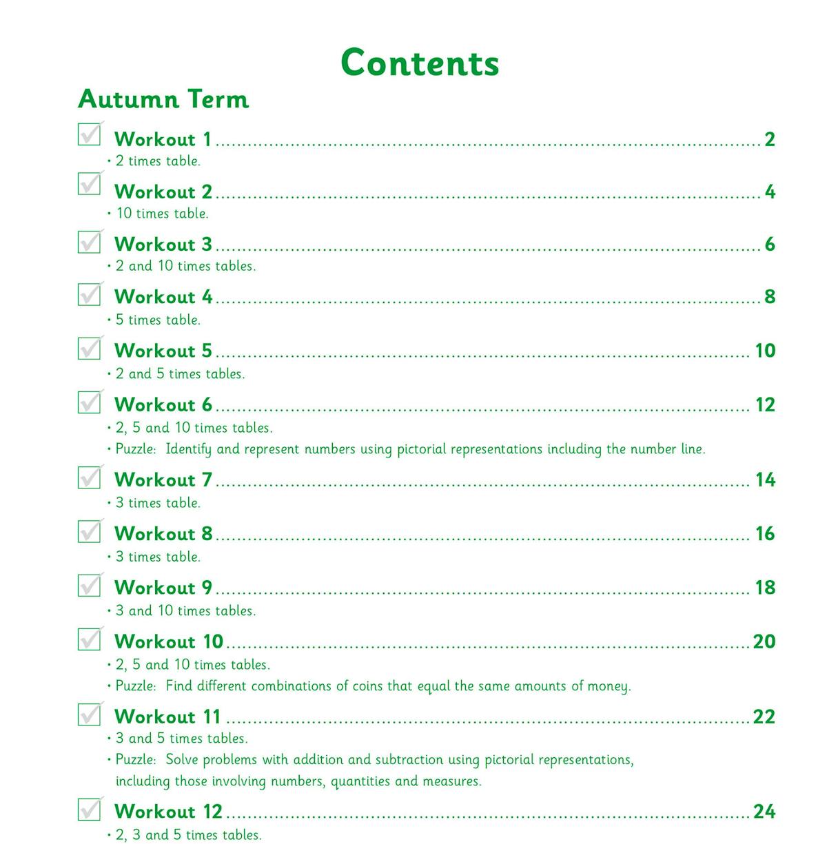 Sample workout pages showing times tables questions and puzzles