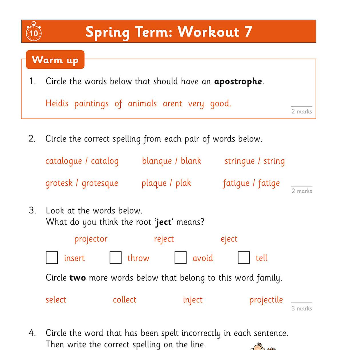 Sample workout page with warm-up question on apostrophes, spelling pairs and word-family tasks