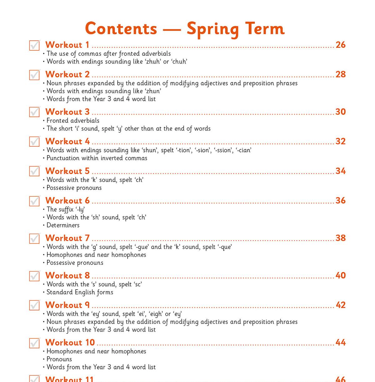 Contents page showing Spring Term workout topics including spelling patterns, grammar points and word lists