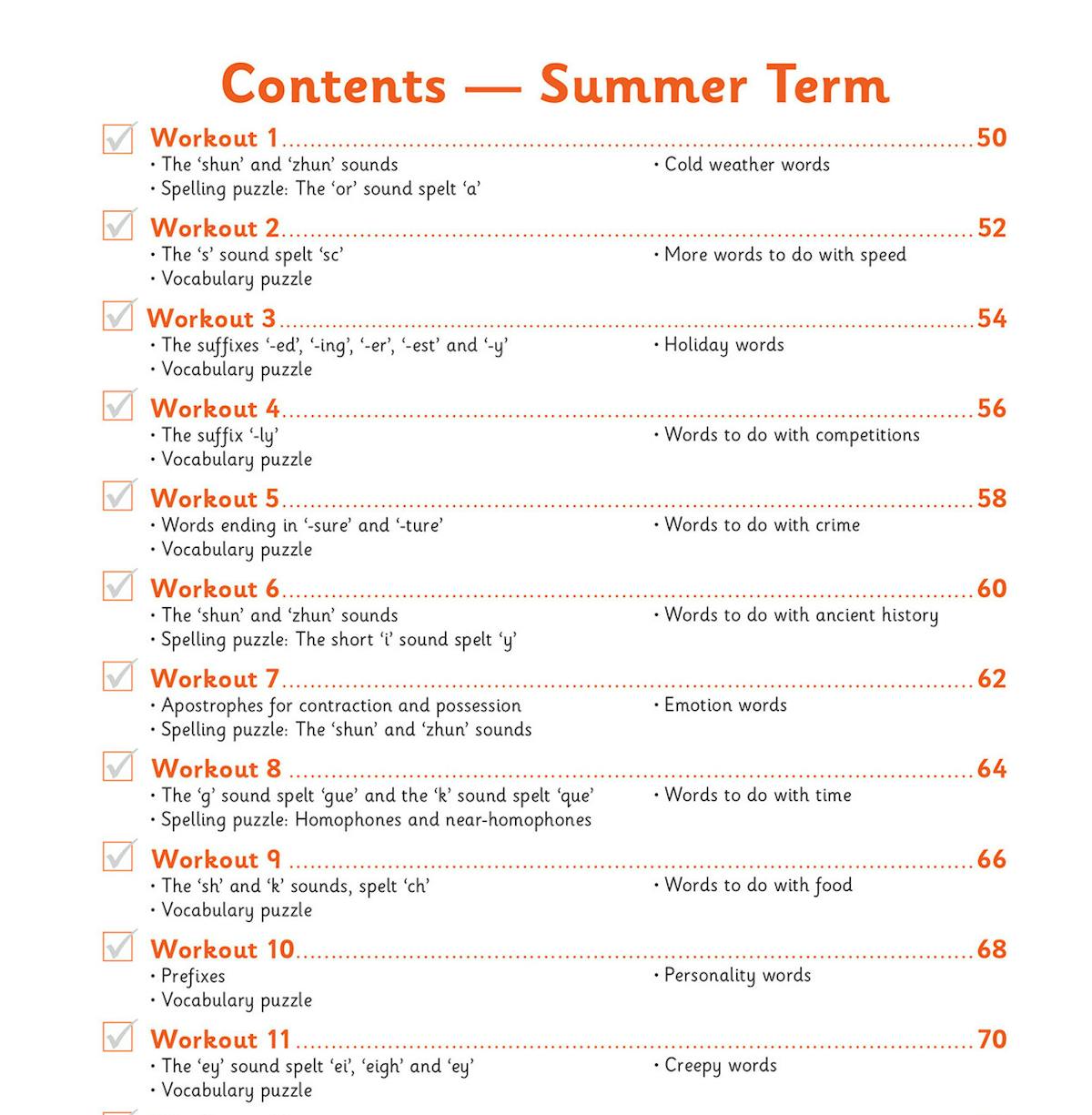 Contents page showing weekly workout structure for Summer Term