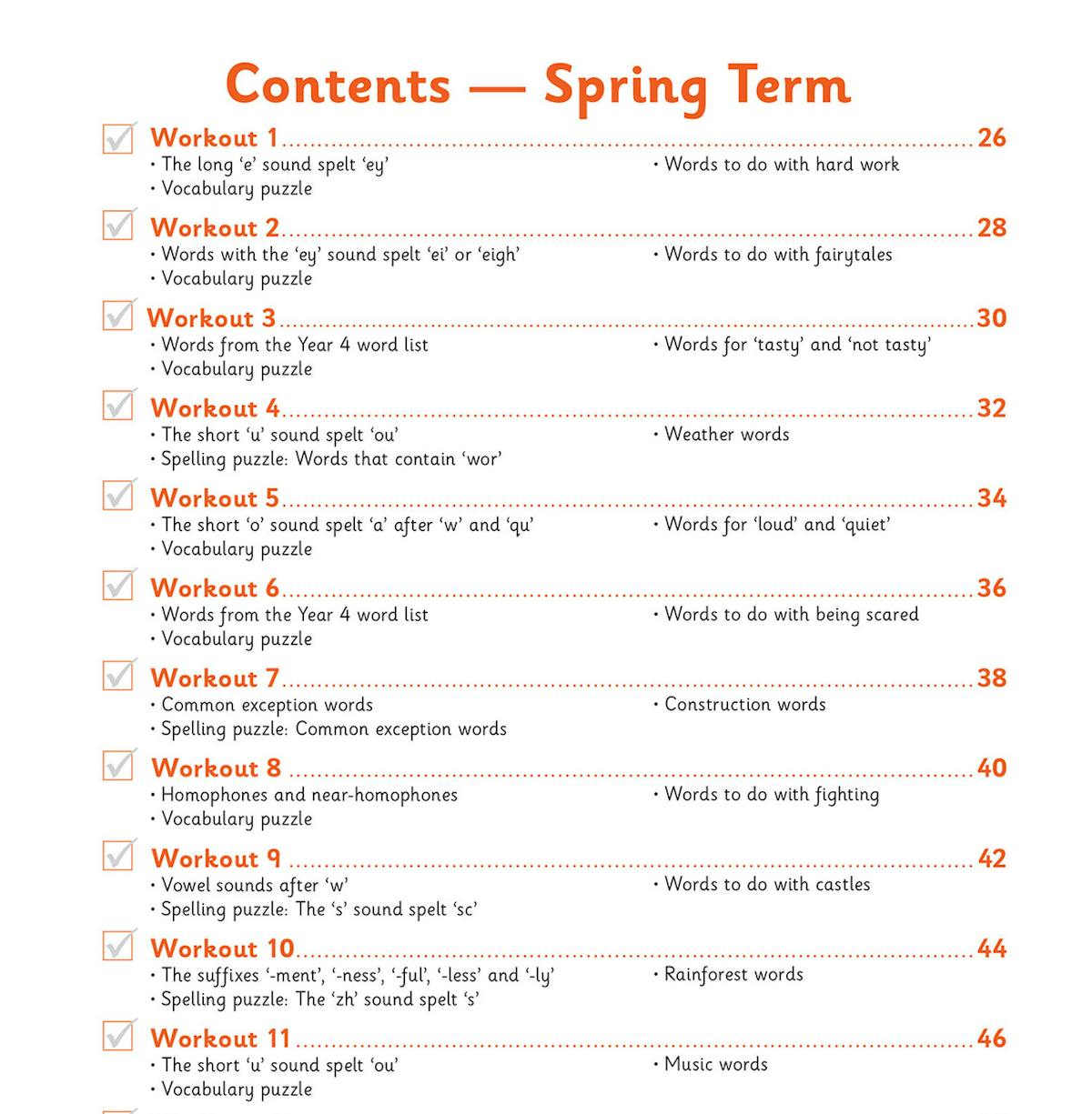 Contents page showing weekly workout structure for Spring Term