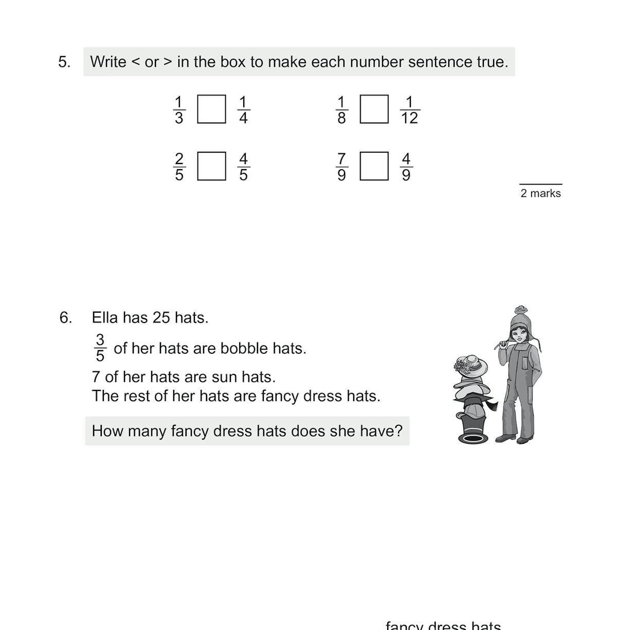 Sample test page showing warm-up questions and fraction calculations