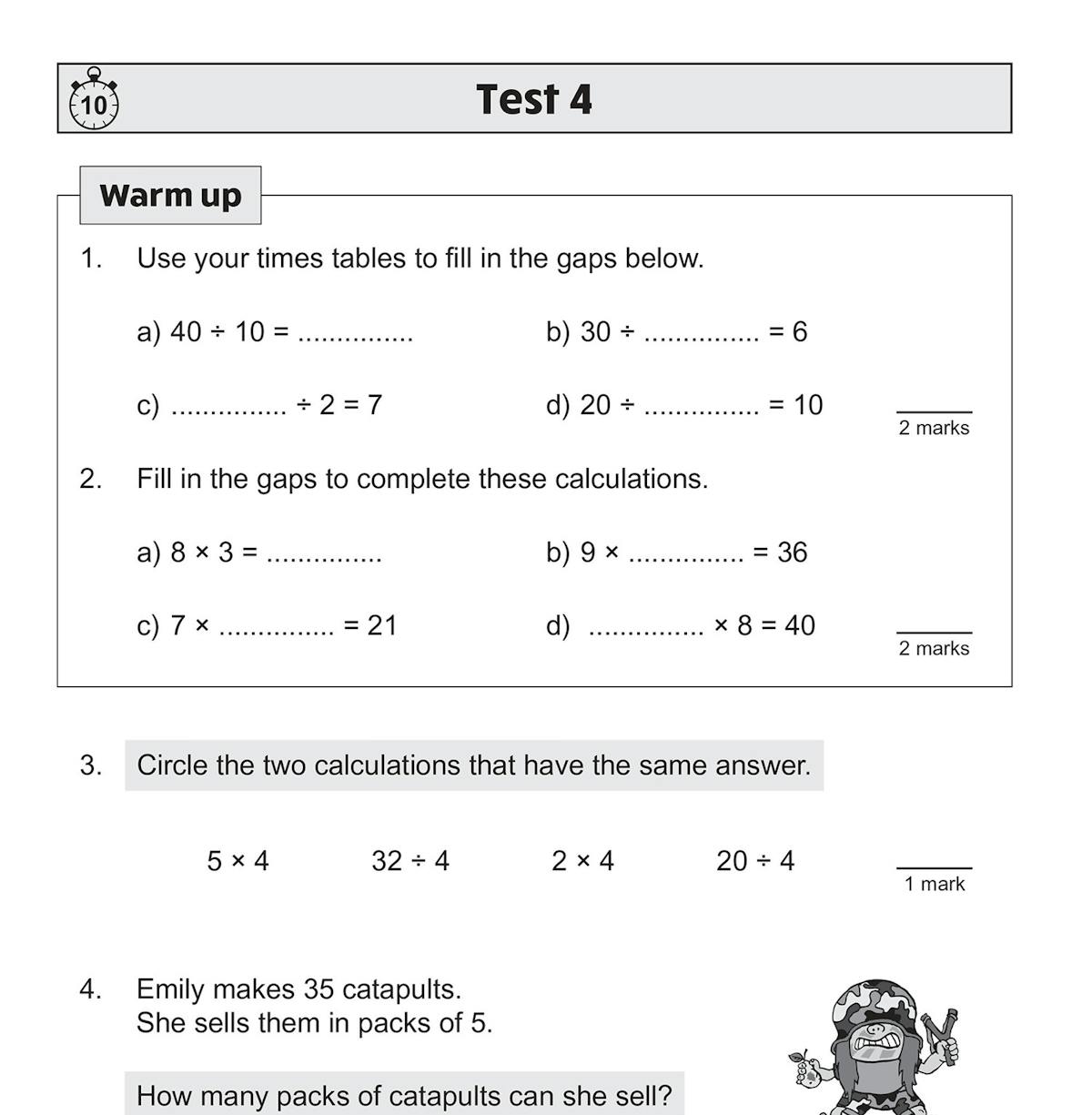 Another test page featuring division and word problems with illustrations