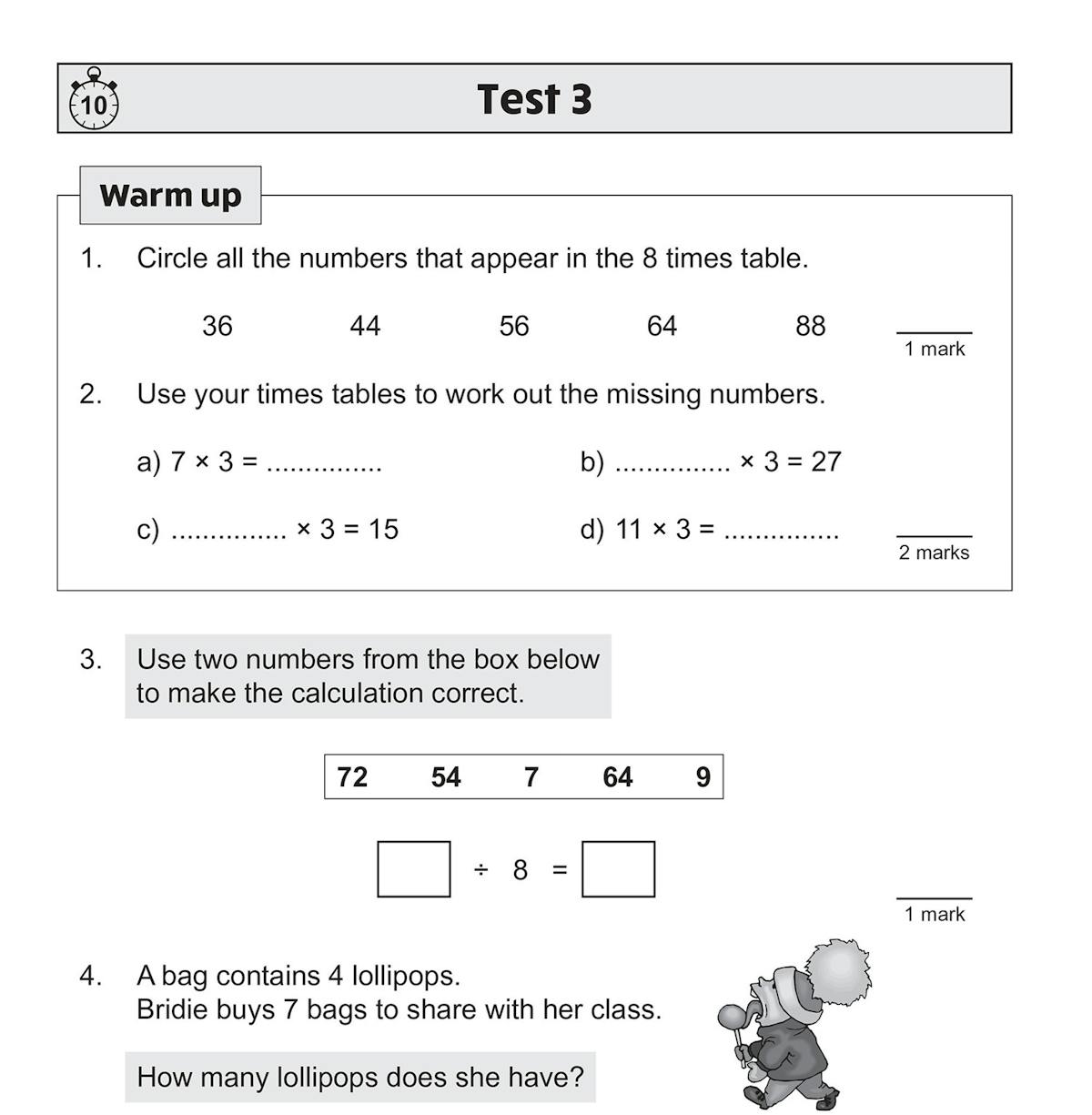 Sample test page showing warm-up times-tables questions