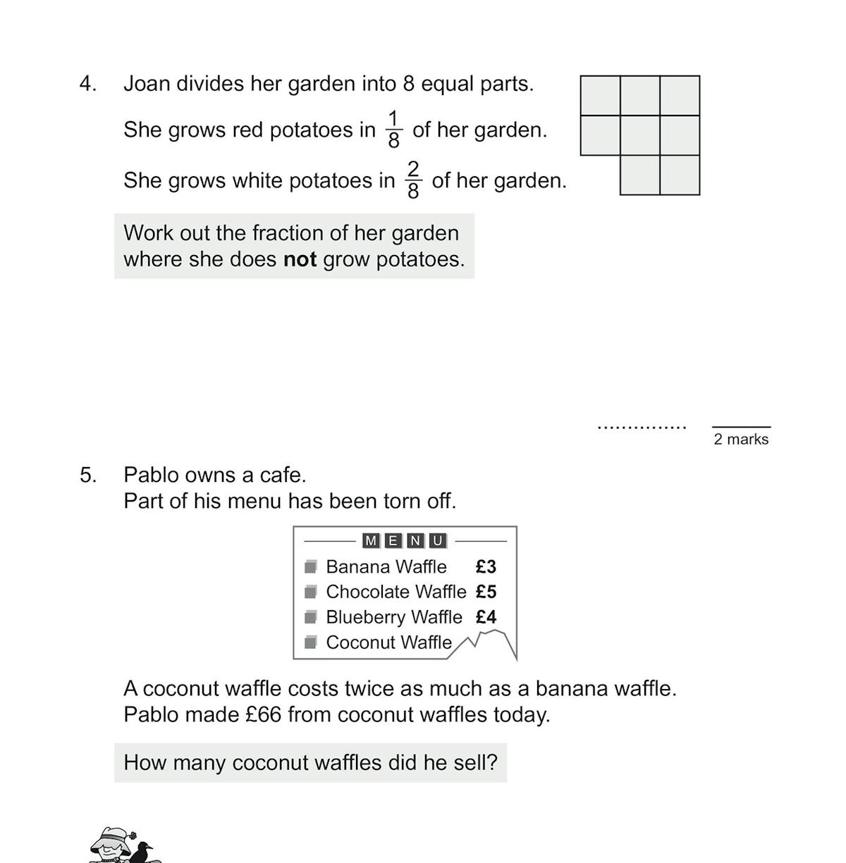 Sample test page showing problem-solving questions with space for working and marks