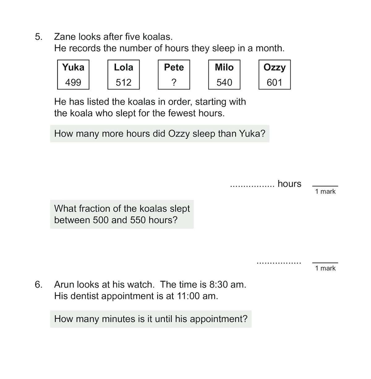 Another test page showing multi-step problem-solving questions with koalas and time calculations