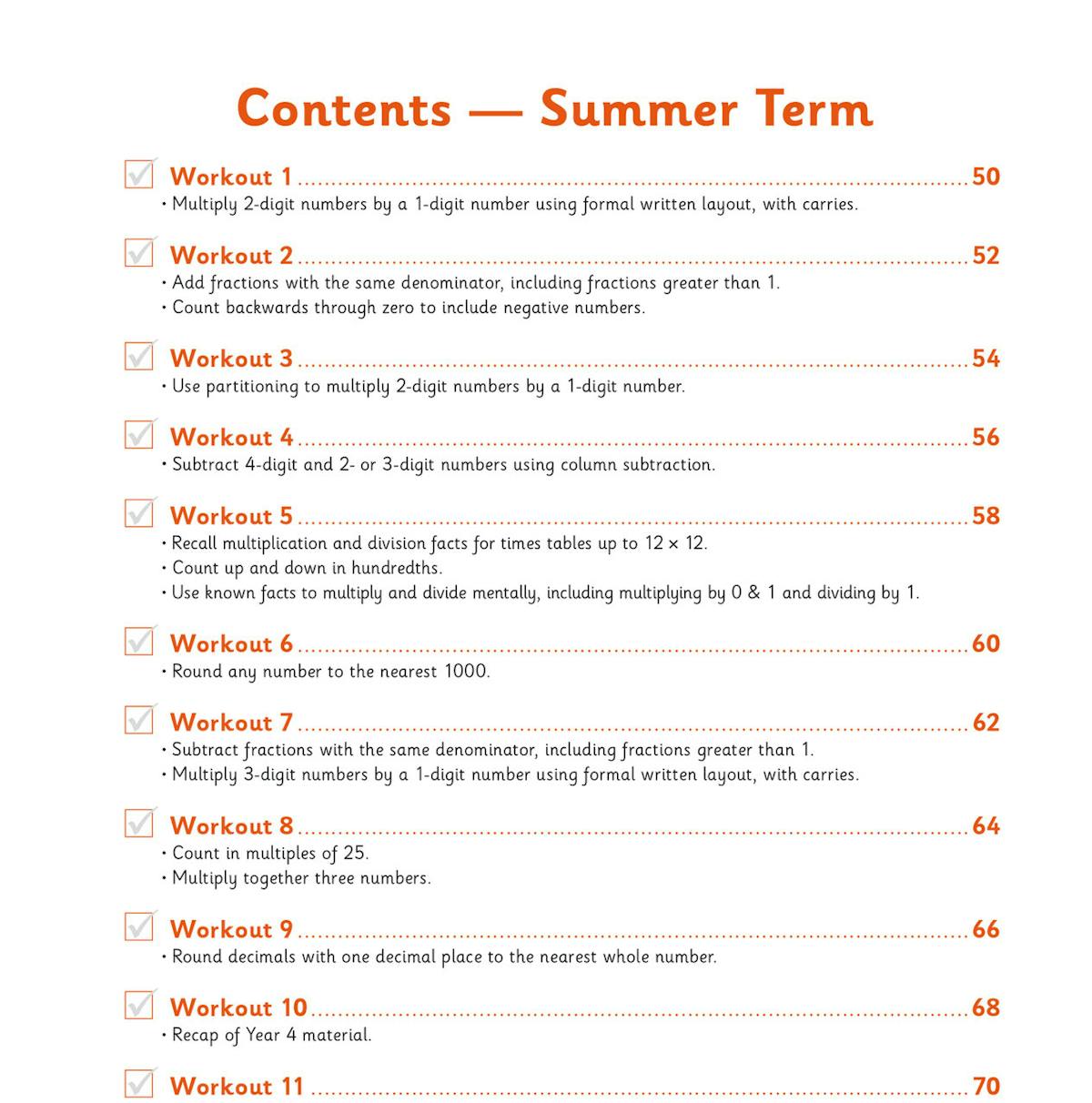 Contents page showing Summer Term workouts