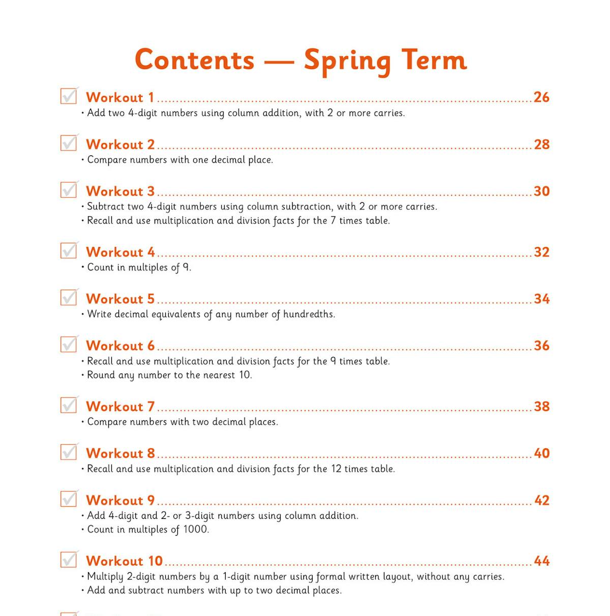 Contents page showing Spring Term workouts