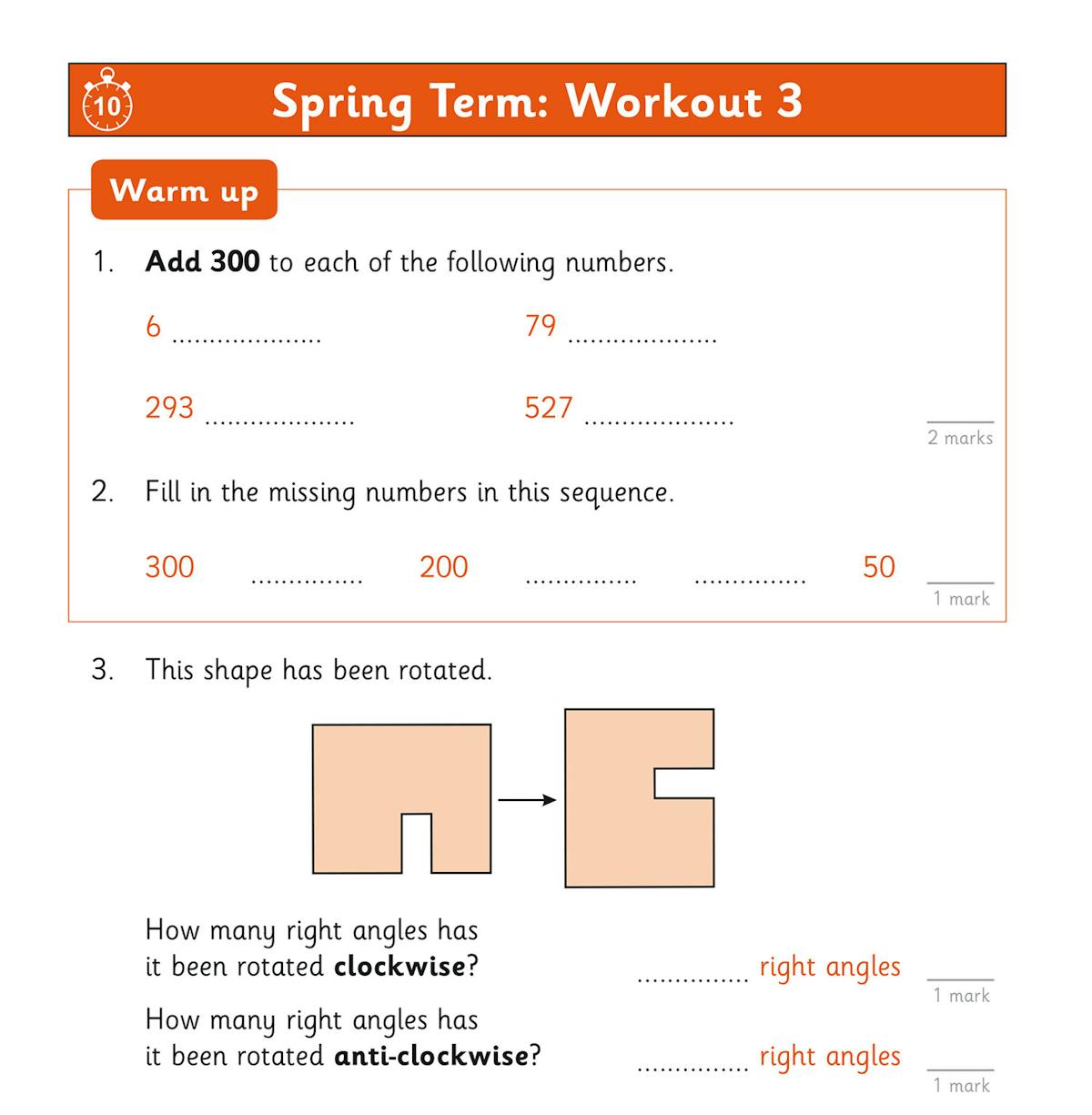 Sample Spring Term workout showing warm-up and main questions with space for answers