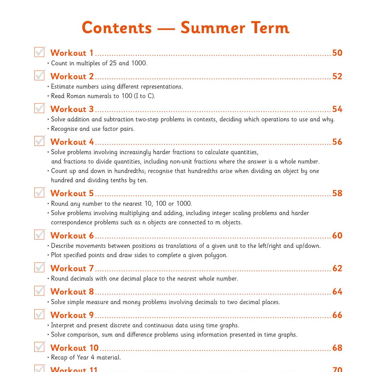 Contents page showing the Summer Term workouts with tick boxes and page numbers