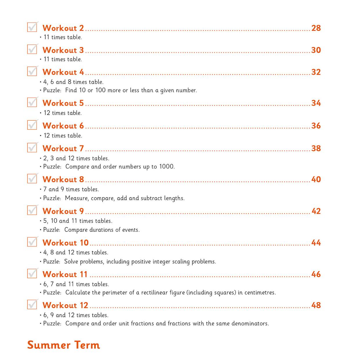 Contents page showing weekly workout structure for Year 4 times tables