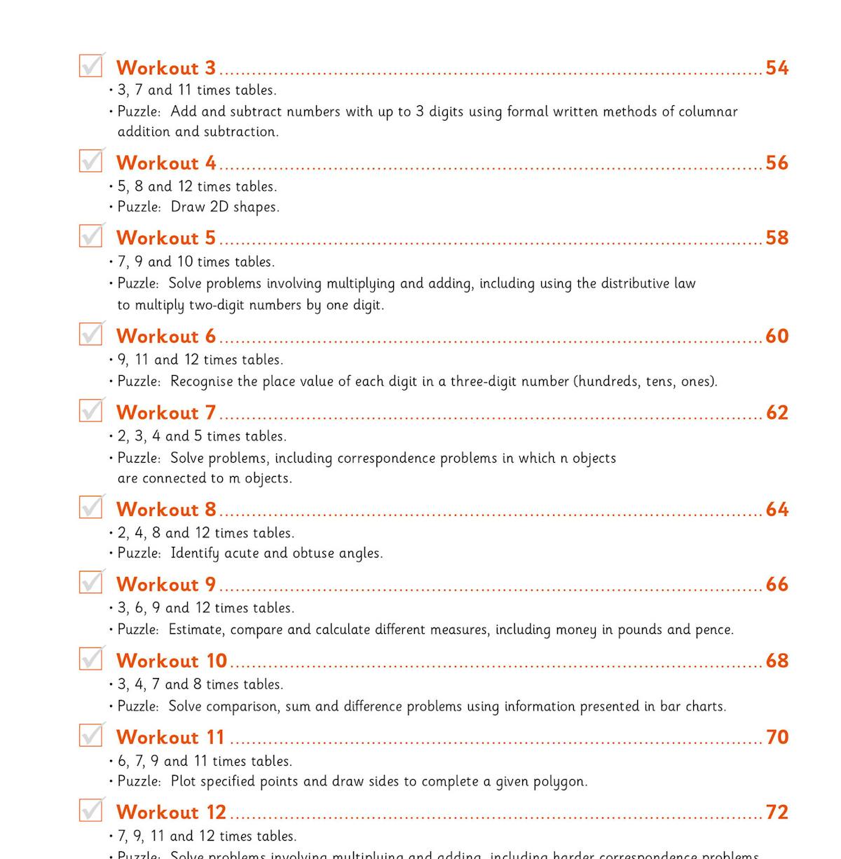 Sample workout pages showing times tables questions and problem-solving tasks