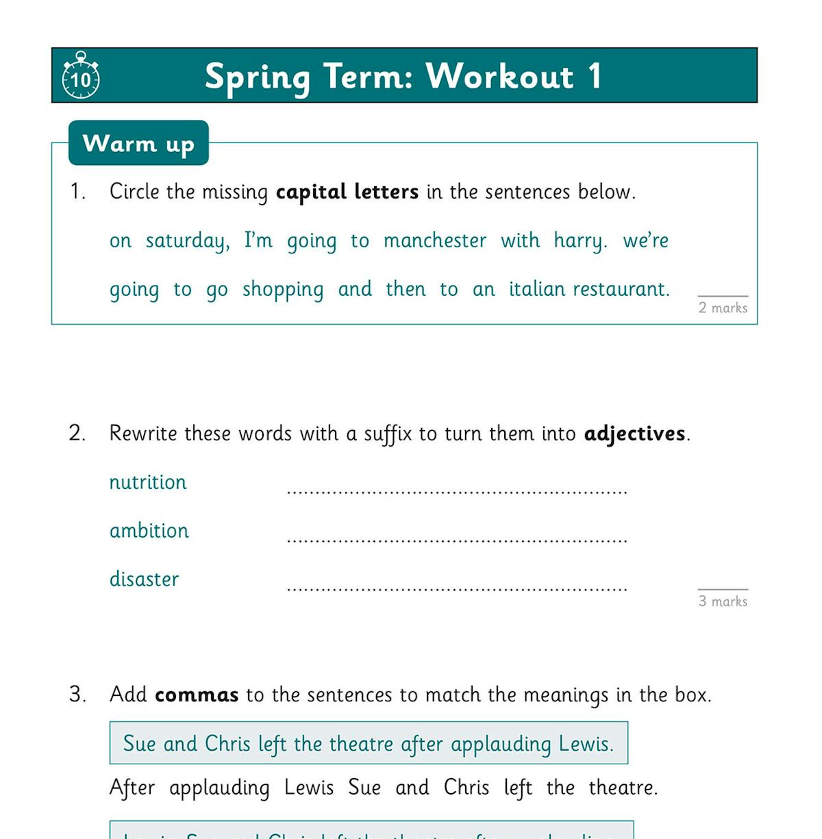 Sample workout page showing warm-up and grammar questions