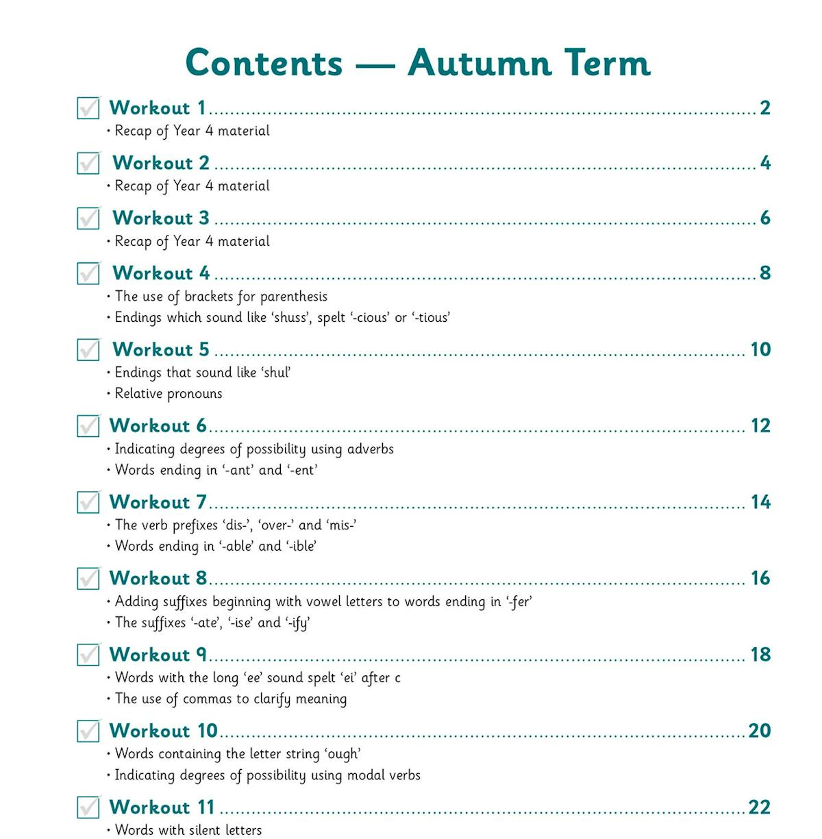 Contents page showing weekly workouts for the Autumn Term