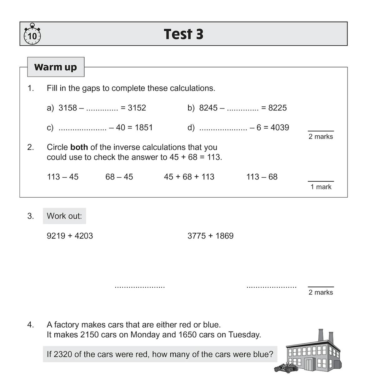 Test page featuring word problems involving addition and subtraction with decimals