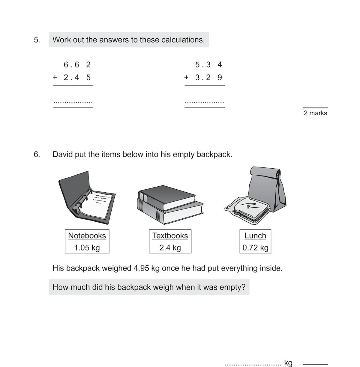Sample test page showing warm-up questions and addition problems