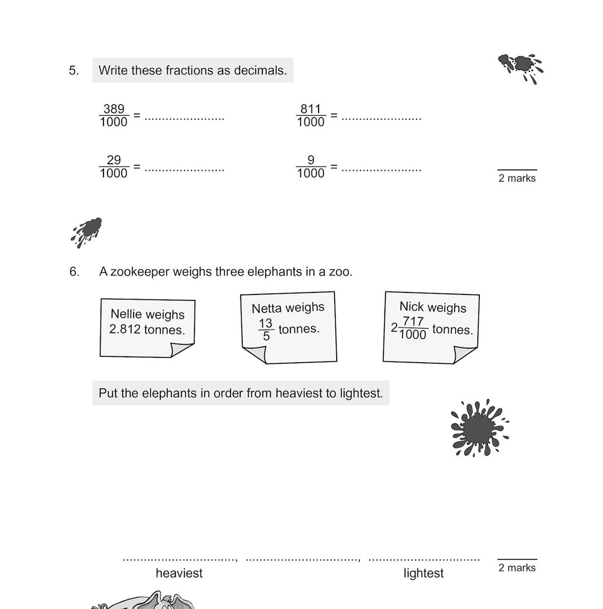 Sample test page showing warm-up questions on fractions, decimals and percentages