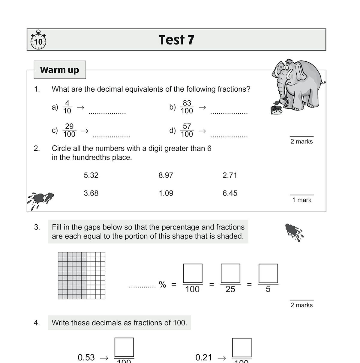 Test page showing questions on converting fractions to decimals and ordering mixed numbers
