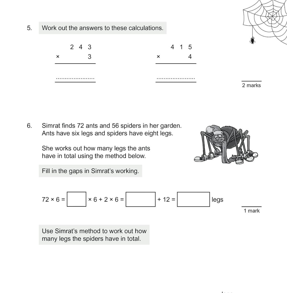 Sample test page showing multiplication and division word problems with spider illustrations