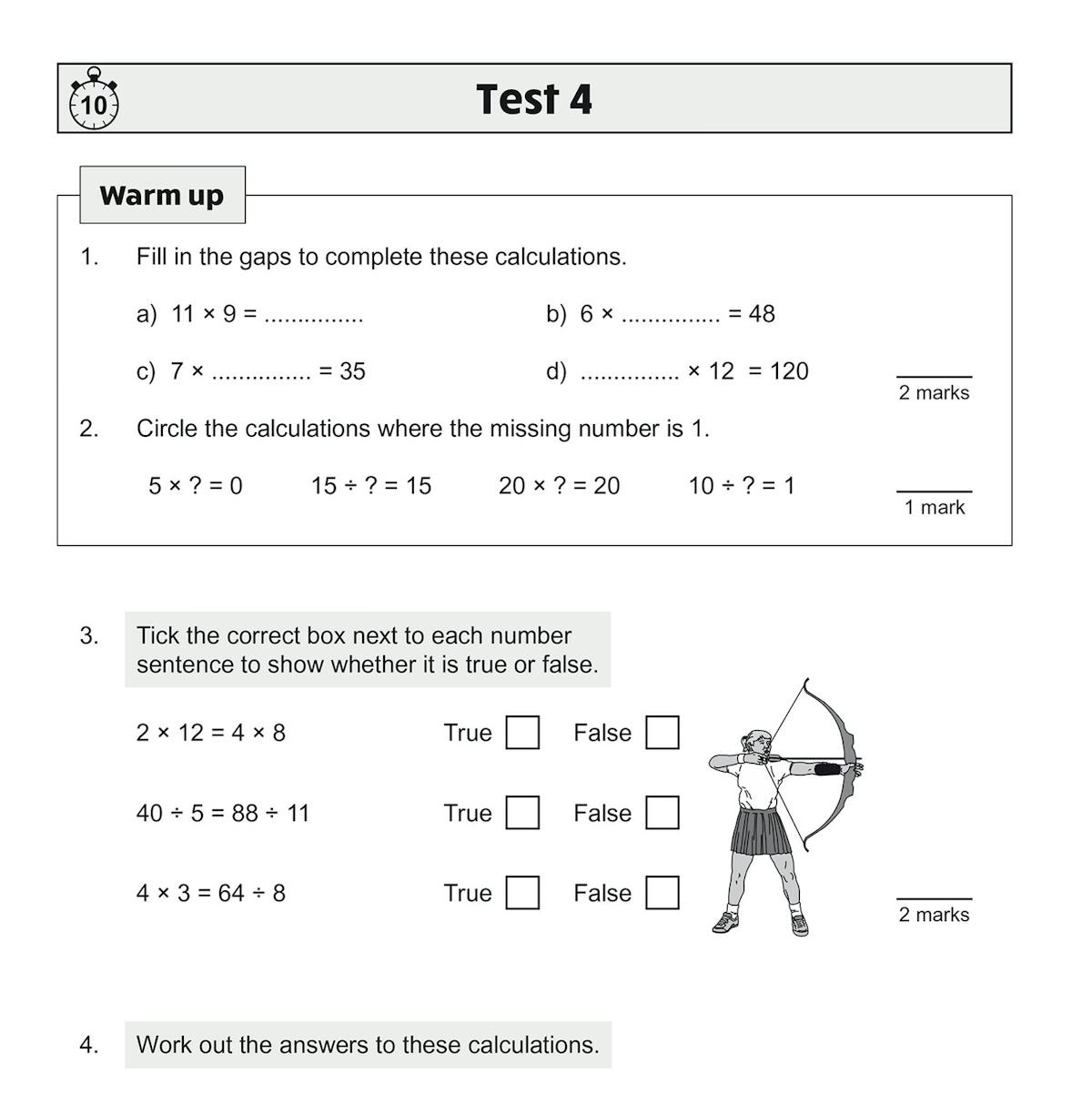 Test page showing warm-up questions and worked multiplication exercises with clear formatting