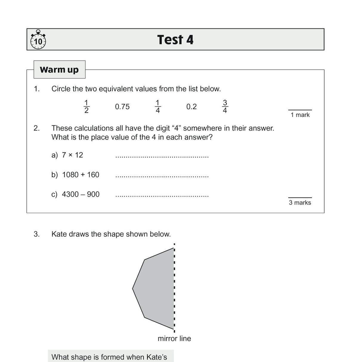 Sample test page showing warm-up questions and problem-solving tasks