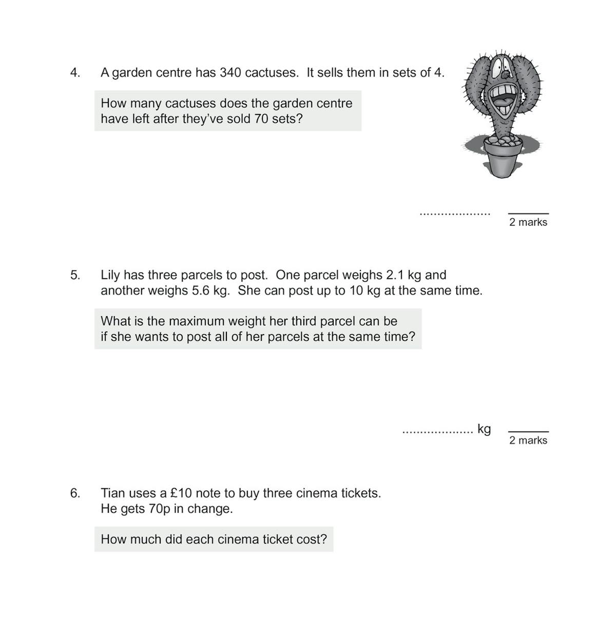 Test page featuring multi-step word problems with space for working out