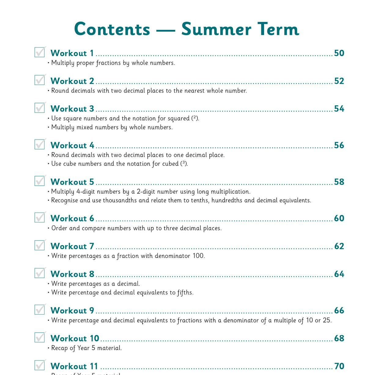 Sample workout page showing arithmetic questions and space for answers