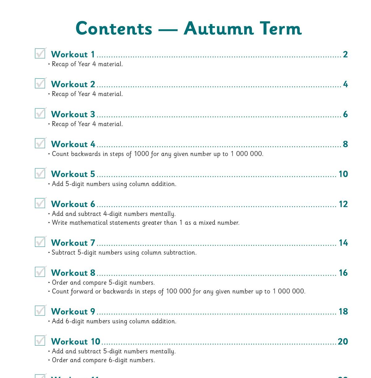 Contents page showing Autumn and Summer term workout topics for Year 5 arithmetic