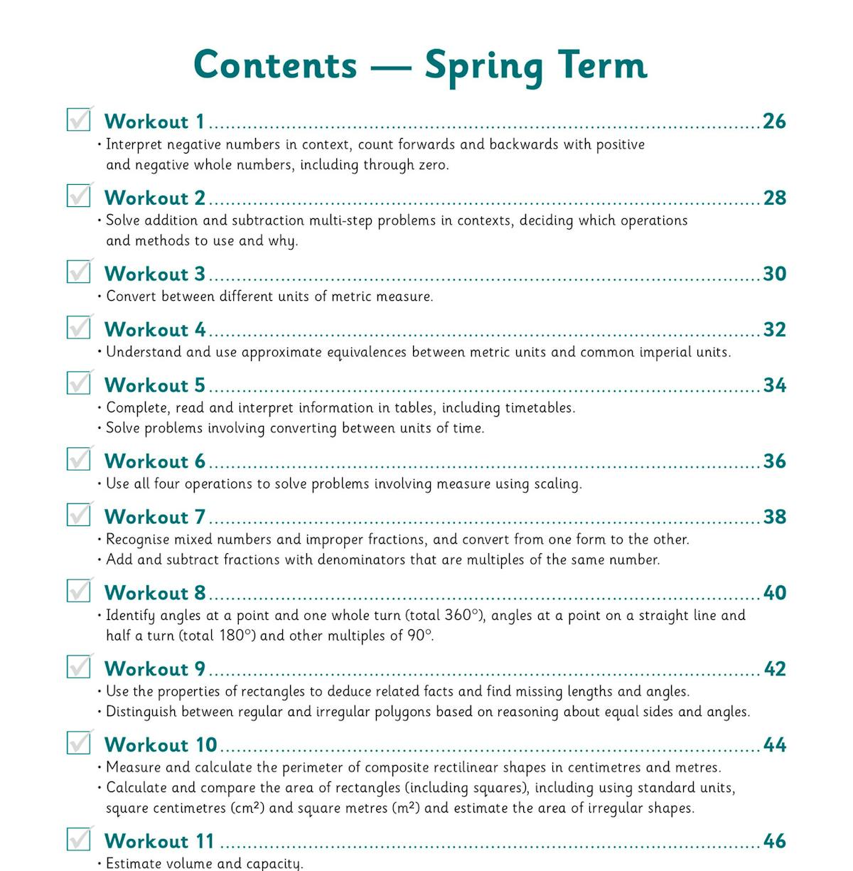 Contents page showing Spring Term workouts with tick boxes and topic descriptions