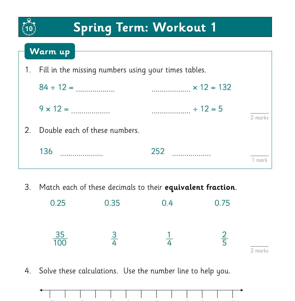 Sample workout page showing warm-up questions on times tables, decimals and number lines
