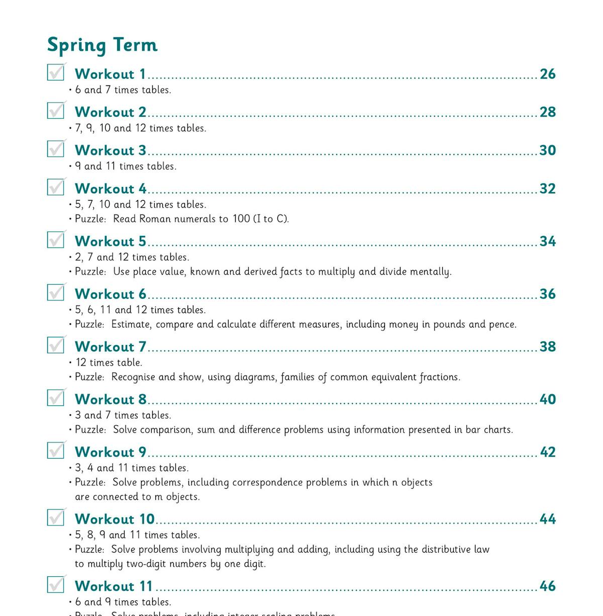 Contents page showing Spring Term workouts with checkboxes and page numbers