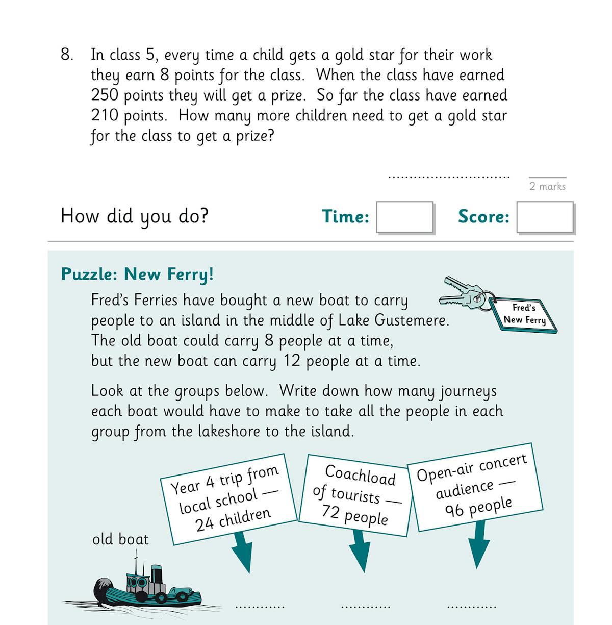 Sample workout page showing times tables questions, a word problem and a ferry puzzle