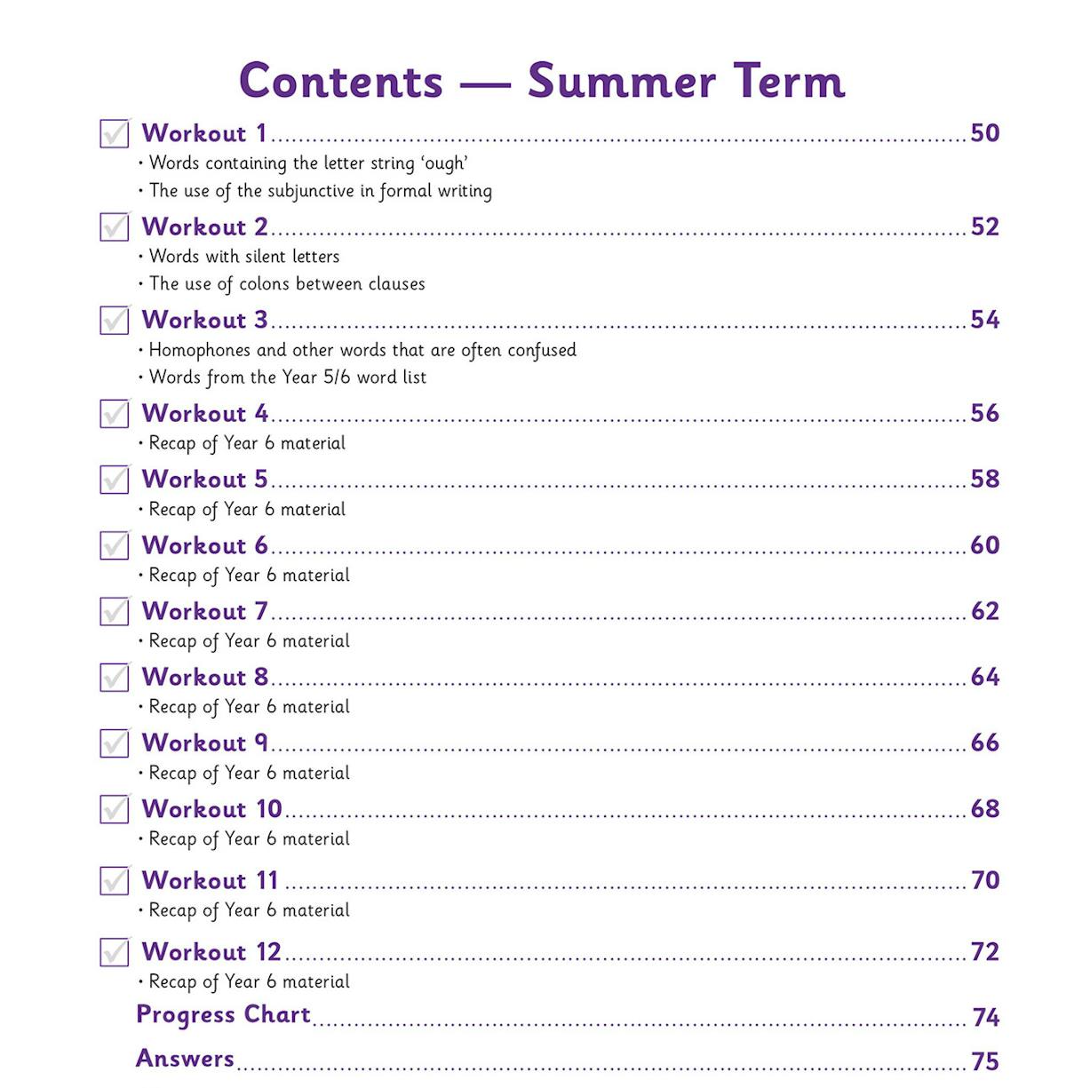 Contents page showing Summer Term workouts with topics such as subjunctive in formal writing, homophones and recap material