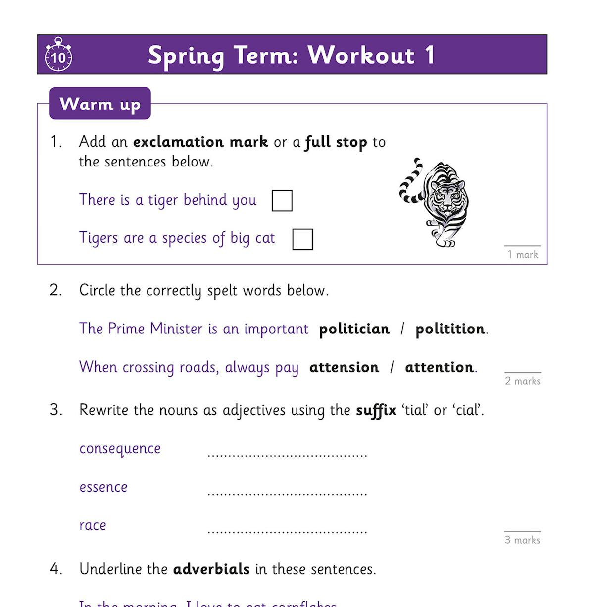 Sample Spring Term workout page showing warm-up questions on punctuation, spelling and grammar with marks allocated
